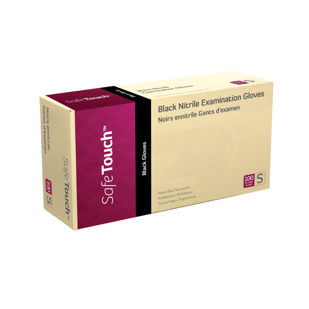 A rectangular box of Dynarex Safe-Touch Black Nitrile Powder-Free Exam Gloves, size small. The beige box with purple and black accents contains 100 nitrile gloves. Text appears in English and French.